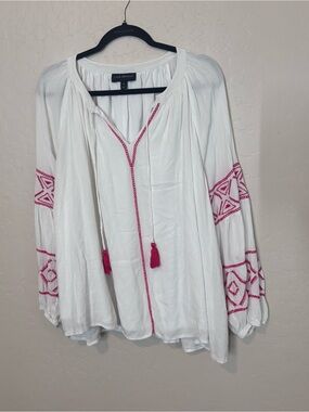 Lane Bryant Embroidered Peasant Blouse Women's Size 20 White Pink Tassel